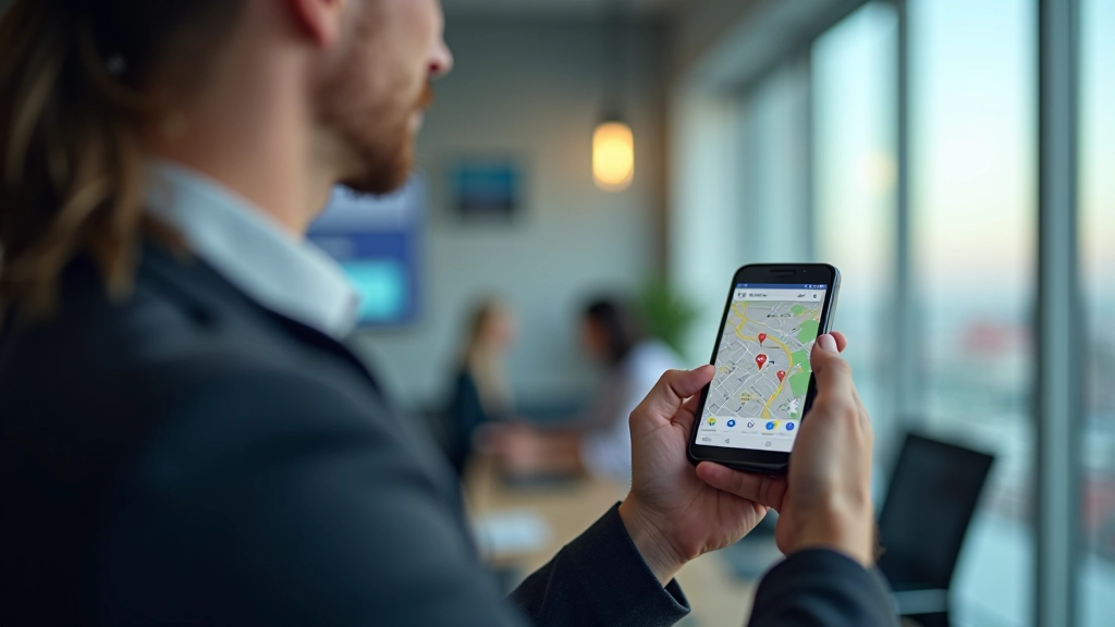 Verslo savininkas naudoja išmanųjį telefoną su Google žemėlapio programėle, sėdimas prie stalo