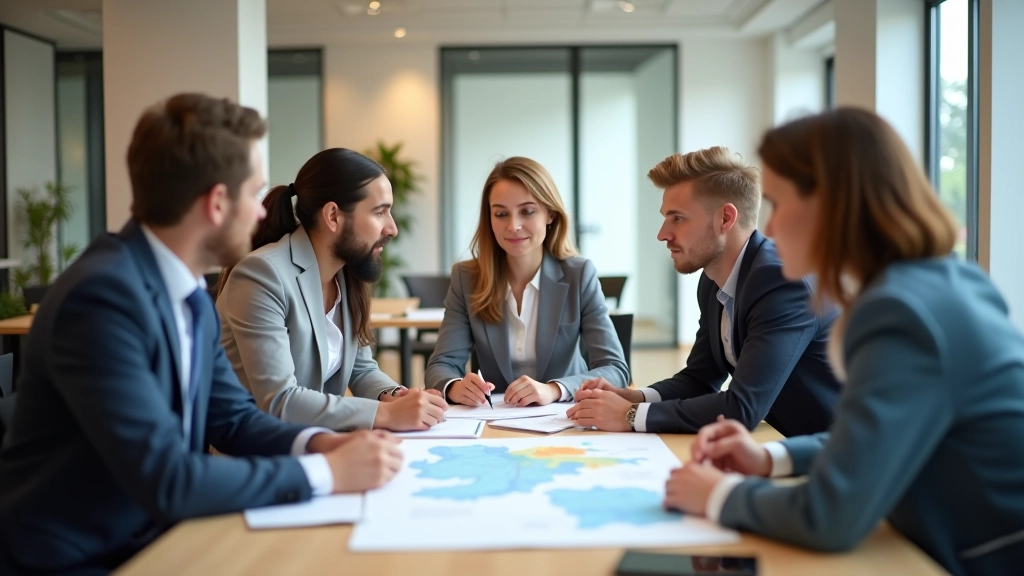 Žmonės apie apvalų stalą žiūri į žemėlapį ir diskutuoja verslo strategiją