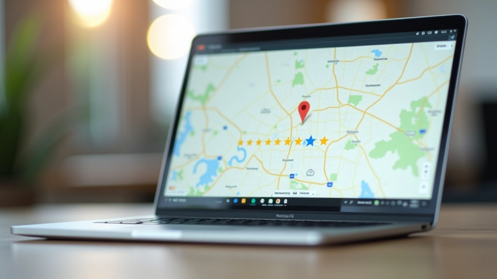 Kompiuterio ekranas rodo Google žemėlapį su verslo vietos žyma, įjungtais nuotraukomis ir atsiliepimai