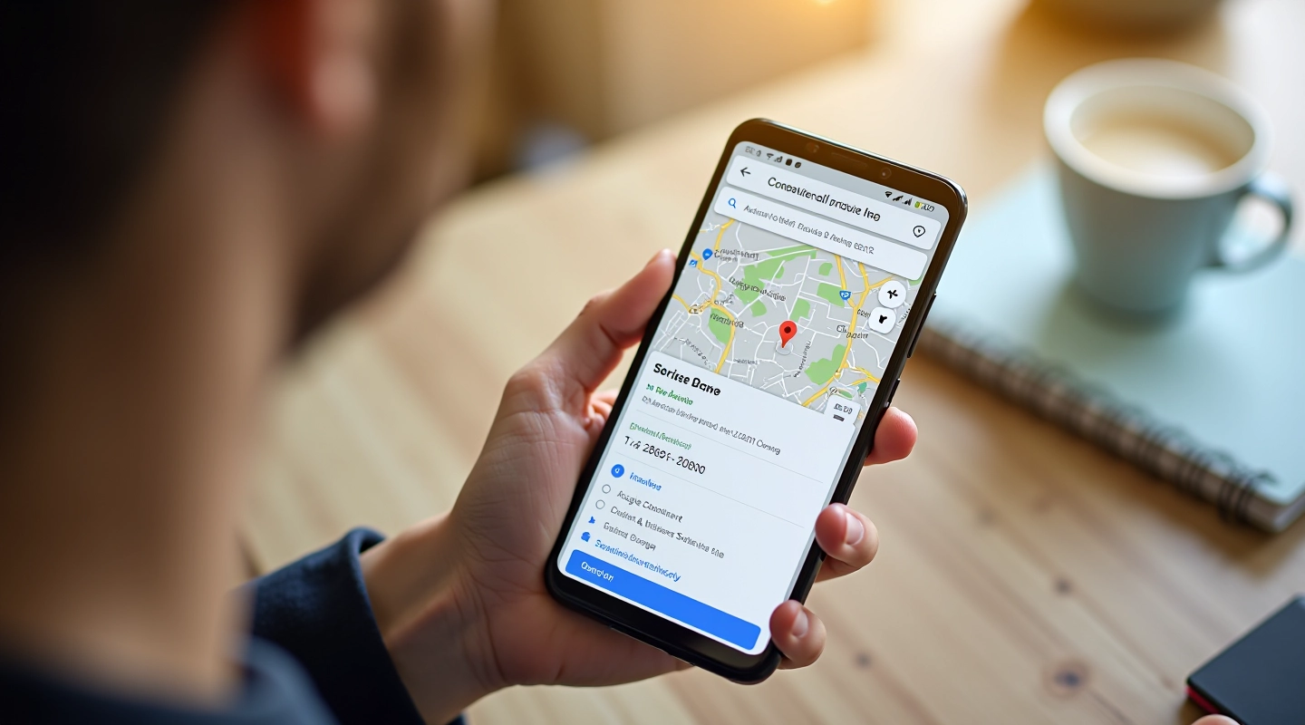 Google Business Profile peržiūra nešiojamajame telefone su žemėlapiu ir verslo informacija