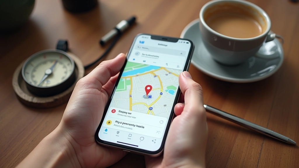 Mobilus telefonas su žemėlapio ir nustatymu ekranu, šalia kompaso ir pažymų